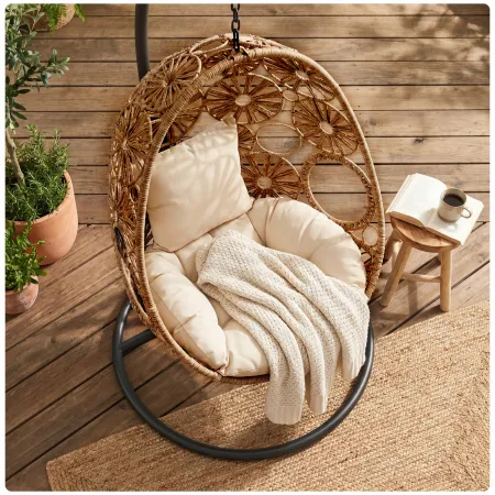 Fotel wiszący ogrodowy KOKON Jajo Boho– huśtawka ogrodowa bujana, kosz + duże poduszki | LazyHome