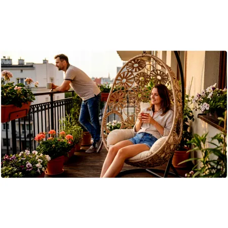 Fotel wiszący ogrodowy KOKON Jajo Boho– huśtawka ogrodowa bujana, kosz + duże poduszki | LazyHome