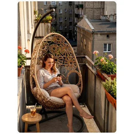 Fotel wiszący ogrodowy KOKON Jajo Boho– huśtawka ogrodowa bujana, kosz + duże poduszki | LazyHome