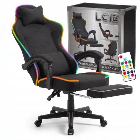 Fotel gamingowy tkanina kubełkowy krzesło biurowe Podnóżek + Masaż + LED