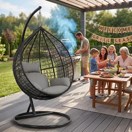 Fotel wiszący ogrodowy KOKON Jajo Premium – huśtawka ogrodowa bujana, kosz + poduszki | LazyHome
